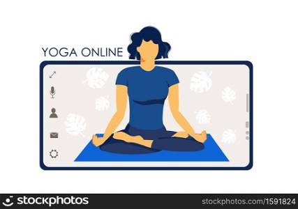 Yoga online. Girl coach on a smartphone screen conducts a lesson live. Concept for yoga courses or website design. Flat illustration isolated on white background. Sport at home