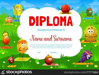 Yoga or pilates diploma certificate with cartoon tropical vector fruits. School appreciation award diploma with durian, lychee and carambola, grape, tangerine, feijoa and papaya in meditation on yoga. Yoga pilates diploma certificate, cartoon fruits