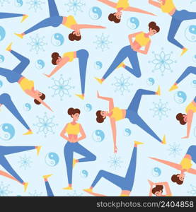 Yoga pattern. Healthy lifestyle sport activity yoga poses gymnastic persons textile design templates for garish vector seamless pattern. Illustration of fitness pose textile pattern yoga. Yoga pattern. Healthy lifestyle sport activity yoga poses gymnastic persons textile design templates for garish vector seamless pattern