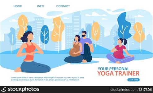 Yoga Personal Trainer for Pregnant Women Trendy Flat Vector Web Banner, Landing Page Template. Waiting Childbirth Couple, Doing Exercises Outdoor, Practicing Yoga in Park with Trainer Illustration