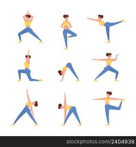 Yoga persons. Sport female characters healthy lifestyle people yoga stretch poses garish vector colored flat pictures. Illustration of people female exercise yoga. Yoga persons. Sport female characters healthy lifestyle people yoga stretch poses garish vector colored flat pictures