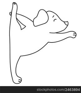 Yoga pets. A cute and funny puppy stands in an asana. Dog yoga. Dog athlete doing gymnastics - Raised his hind leg. Outline. Vector illustration