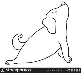 Yoga pets. A cute and funny puppy stands in an asana. Dog yoga. Outline. Vector illustration. Self-isolation and sports at home