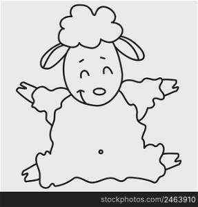 Yoga pets. A cute funny sheep go in for sports and gymnastics, sit in an asana and meditates. Sheep yoga - decorative drawing. Vector illustration. Outline, Line, contour. Farm animal logo