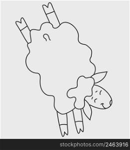 Yoga pets. A cute funny sheep go in for sports and gymnastics, stands in an asana and Fitness and stretching. Sheep yoga drawing. Vector illustration. Outline, Line, contour. Farm animal logo