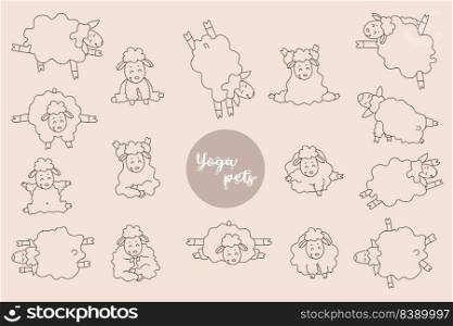 Yoga pets. Lovely sheep get up in an asana and go in for sports, gymnastics and meditation. Sheep yoga - set of linear pictures. Vector illustration. Isolated. Outline, Line, contour