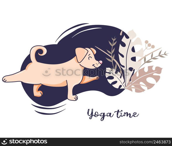 Yoga pets. The dog is an athlete engaged in fitness, stretches in an asana. Vector illustration on a decorative blue background with decor. concept - Yoga time and hobby. Flat design