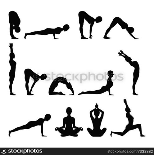 Yoga pose collection silhouette push ups and pigeon yoga pose mountain and positions, woman colorless vector illustration isolated on white background. Yoga Pose Collection Silhouette Vector Illustration