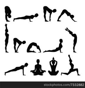 Yoga pose collection silhouette push ups and pigeon yoga pose mountain and positions, woman colorless vector illustration isolated on white background. Yoga Pose Collection Silhouette Vector Illustration