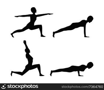 Yoga poses black silhouettes set, sport position collection, colorless image with woman, push ups and lunge twists isolated flat vector illustration.. Yoga Poses Silhouette Set Vector Illustration