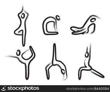 Yoga poses in line art style. Health care concept. Collection of handdrawn yoga poses, illustration.