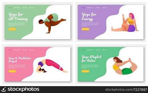 Yoga poses landing page vector template set. Meditation exercises. Healthy lifestyle. Bodypositive website interface idea with flat illustrations. Homepage layout, web banner, webpage cartoon concept. Yoga poses landing page vector template set