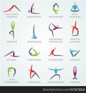 Yoga positions with names physical workout training icons set isolated vector illustration