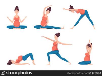 Yoga pregnant. Relaxed poses for pregnant characters sport health recreation education exact vector persons isolated. Illustration sport exercise pregnancy, yoga pregnant meditation. Yoga pregnant. Relaxed poses for pregnant characters sport health recreation education exact vector persons isolated