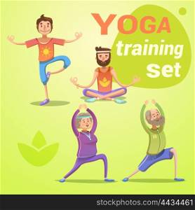 Yoga retro cartoon set. Yoga retro cartoon set with young and seniors in different poses isolated vector illustration