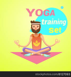 Yoga retro cartoon. Yoga retro cartoon with happy man in lotus pose vector illustration