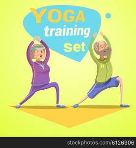 Yoga retro cartoon. Yoga retro cartoon with happy seniors making workout vector illustration