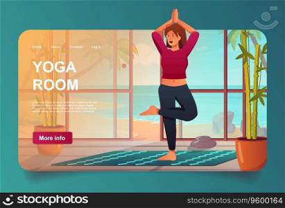 Yoga room concept in cartoon design for landing page. Women doing asana, exercising balance skill and standing on mat in studio at seashore resort. Vector illustration with people for web homepage