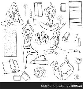 Yoga set.. Hand drawn girls on white background. Vector sketch illustration.. Yoga. Hand drawn girls.