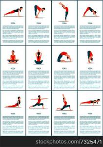 Yoga set of different positions, colorful poster, vector illustration, up and downward dog poses, lotus and chaturanga position, warrior and plank. Yoga Set of Different Positions, Colorful Poster