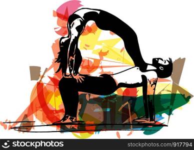 Yoga sketch couple illustration with abstract colorful background