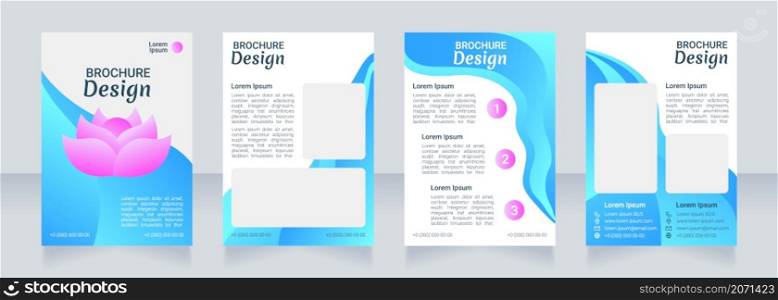 Yoga studio blue blank brochure design. Template set with copy space for text. Premade corporate reports collection. Editable 4 paper pages. Robot Medium, Light, Merienda Bold fonts useds. Yoga studio blue blank brochure design