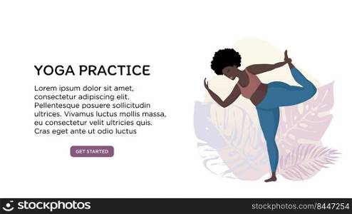 yoga studio with black skin plus size woman in yoga positions, banner or screen template for school website. Sports and health body positive concept. Bright banner with yoga practicing 