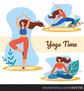 Yoga Time Set with Girls in Sports Wear Meditating in Different Poses, Engage Fitness, Outdoor Aerobics, Healthy Sport Lifestyle, Pilates Workout, Training Cartoon Flat Vector Illustration, Banner. Yoga Time Set with Girls in Sports Wear Meditating