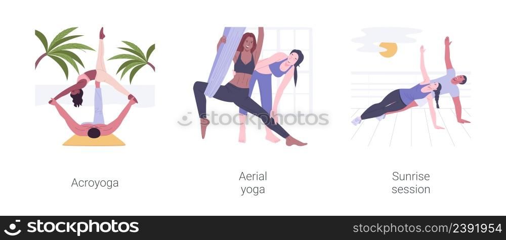 Yoga types isolated cartoon vector illustrations set. Practice acroyoga on the beach, aerial yoga training, sunrise morning session, flexibility and concentration, healthy lifestyle vector cartoon.. Yoga types isolated cartoon vector illustrations set.