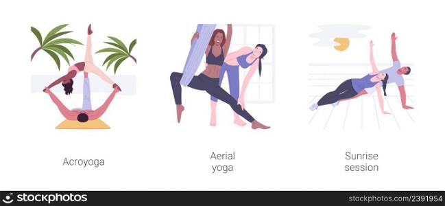 Yoga types isolated cartoon vector illustrations set. Practice acroyoga on the beach, aerial yoga training, sunrise morning session, flexibility and concentration, healthy lifestyle vector cartoon.. Yoga types isolated cartoon vector illustrations set.