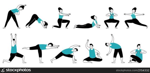 Yoga workout. Muscles training, stretching activities. Isolated strong sport man woman, healthy. Body fitness poses, decent vector. Exercise training and workout, yoga and fitness sport illustration. Yoga workout. Muscles training, stretching activities. Isolated strong sport man woman, healthy lifestyle. Body fitness poses, decent vector characters
