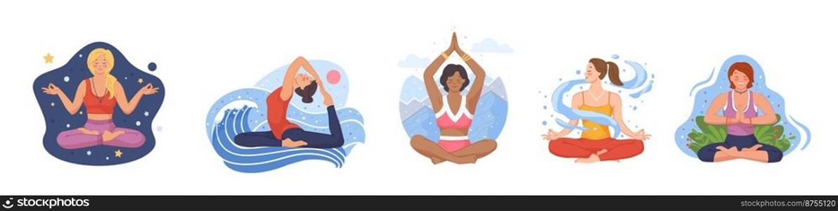Yogas tranquil women. Exercise yoga, meditate, spiritual wellness, deep Breath, balance nature, yogas pose, isolated swanky vector illustration. Woman yoga meditation, female person character. Yogas tranquil women. Exercise yoga, meditate, spiritual wellness, deep Breath, balance nature, yogas pose, isolated swanky vector illustration