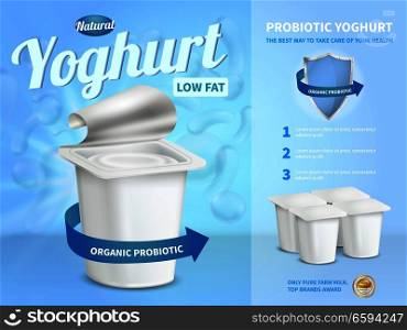 Yoghurt advertising composition with probiotic yoghurt symbols realistic vector illustration. Yoghurt Advertising Composition