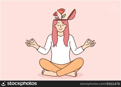 Yogi woman meditates and feels how flowers grow from head, symbolizing mental harmony or balance. Girl sits in lotus position and meditates to get rid of bad thoughts after receiving bad news.. Yogi woman meditates and feels how flowers grow from head, symbolizing mental harmony or balance