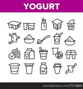 Yogurt Dairy Nutrition Collection Icons Set Vector Thin Line. Yogurt On Spoon And In Bottle With Tube, Human Organ Intestines Concept Linear Pictograms. Monochrome Contour Illustrations. Yogurt Dairy Nutrition Collection Icons Set Vector