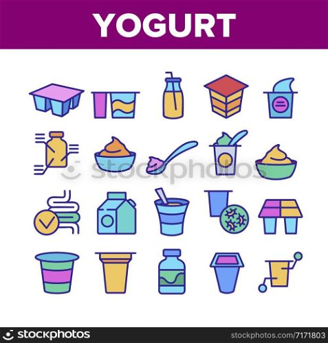 Yogurt Dairy Nutrition Collection Icons Set Vector Thin Line. Yogurt On Spoon And In Bottle With Tube, Human Organ Intestines Concept Linear Pictograms. Color Contour Illustrations. Yogurt Dairy Nutrition Collection Icons Set Vector