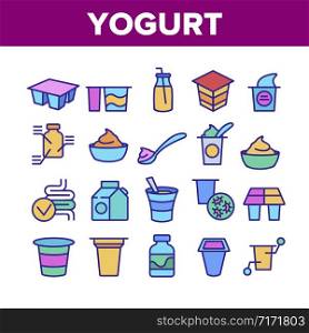 Yogurt Dairy Nutrition Collection Icons Set Vector Thin Line. Yogurt On Spoon And In Bottle With Tube, Human Organ Intestines Concept Linear Pictograms. Color Contour Illustrations. Yogurt Dairy Nutrition Collection Icons Set Vector