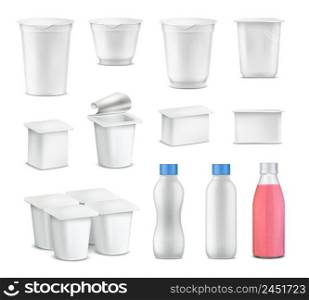Yogurt package realistic set with blank package for bottles isolated vector illustration. Yogurt Package Realistic Set