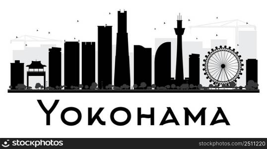 Yokohama City skyline black and white silhouette. Vector illustration. Simple flat concept for tourism presentation, banner, placard or web site. Business travel concept. Cityscape with landmarks