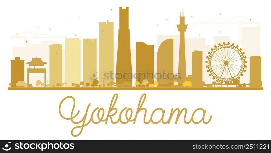 Yokohama City skyline golden silhouette. Business travel concept. Yokohama isolated on white background.