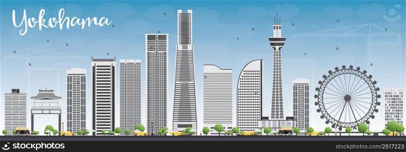 Yokohama Skyline with Gray Buildings and Blue Sky. Vector Illustration. Business and Tourism Concept with Modern Buildings. Image for Presentation, Banner, Placard or Web Site.