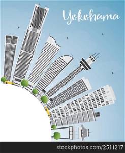 Yokohama Skyline with Gray Buildings, Blue Sky and Copy Space. Vector Illustration. Business and Tourism Concept with Modern Buildings. Image for Presentation, Banner, Placard or Web Site.