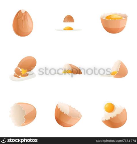 Yolk eggshell icon set. Cartoon set of 9 yolk eggshell vector icons for web design isolated on white background. Yolk eggshell icon set, cartoon style