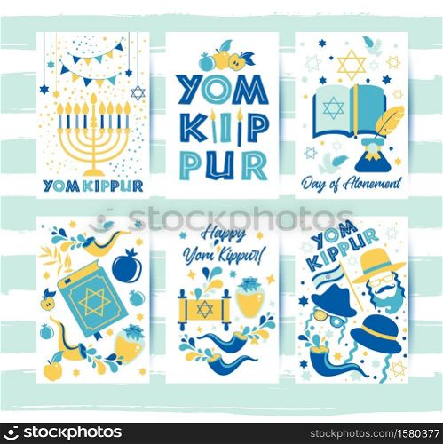 Yom Kippur greeting cards with candles, apples and shofar. Jewish holiday background. Vector illustration.. Yom Kippur greeting set cards with candles, apples and shofar and symbols. Jewish holiday background. Vector illustration on white. Translation in Enhlish of atonement day.