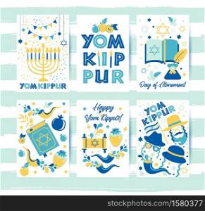 Yom Kippur greeting cards with candles, apples and shofar. Jewish holiday background. Vector illustration.. Yom Kippur greeting set cards with candles, apples and shofar and symbols. Jewish holiday background. Vector illustration on white. Translation in Enhlish of atonement day.