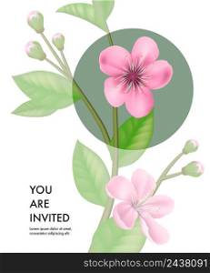 You are invited card template with transparent cherry flowers and green circle on white background. Party, event, celebration. Holiday concept. Can be used for invitation, greeting card, brochure