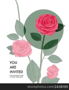 You are invited card template with transparent roses and green circle on white background. Party, event, celebration. Holiday concept. Can be used for invitation, greeting card, brochure