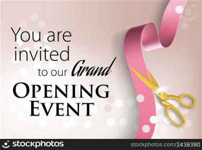 You are invited to our grand opening event lettering on pink background with shining lights and scissors cutting ribbon. Illustration can be used for invitation cards, layout, posters and leaflets