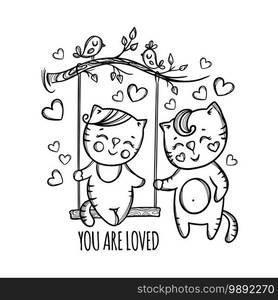 YOU ARE LOVED Valentine Day Swinging Cat Vector Illustration