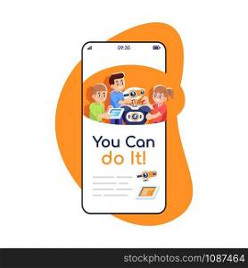 You can do it social media posts smartphone app screen. Mobile phone displays with cartoon characters design mockup. Assembly, programming robot guide application for kids telephone interface